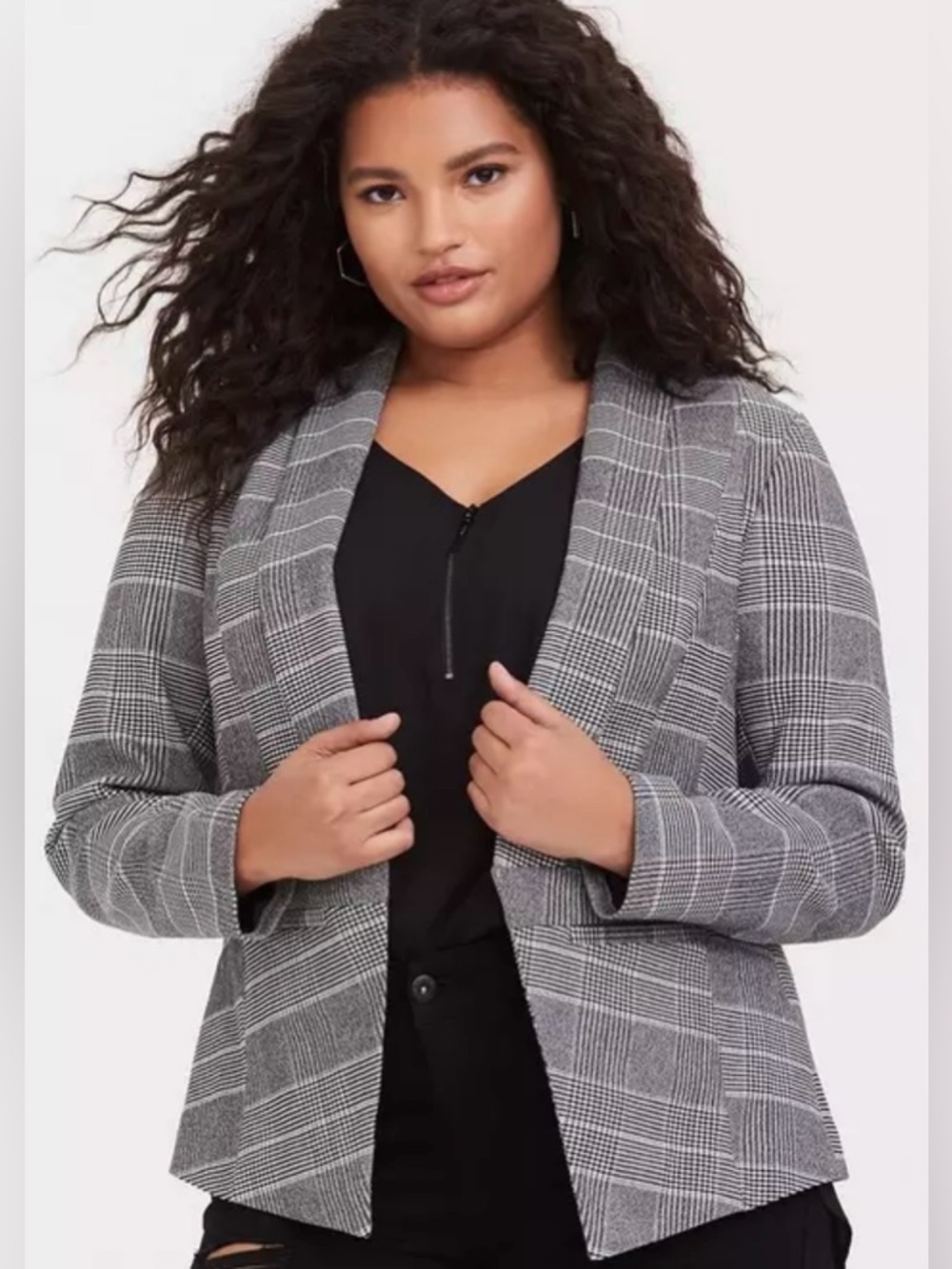 TORRID Black Plaid Houndstooth Cutaway Open Stretch Blazer Size 12 (0)